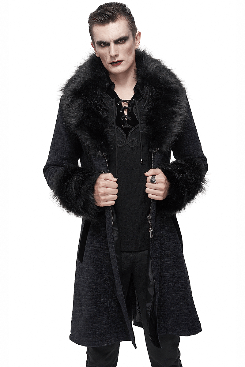 Gothic Mid-Length Coat with Detachable Faux Fur / Men's Warm Zipper Coat with Buttons - HARD'N'HEAVY