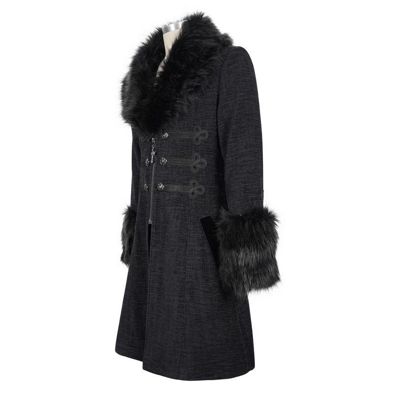 Gothic Mid-Length Coat with Detachable Faux Fur / Men's Warm Zipper Coat with Buttons - HARD'N'HEAVY