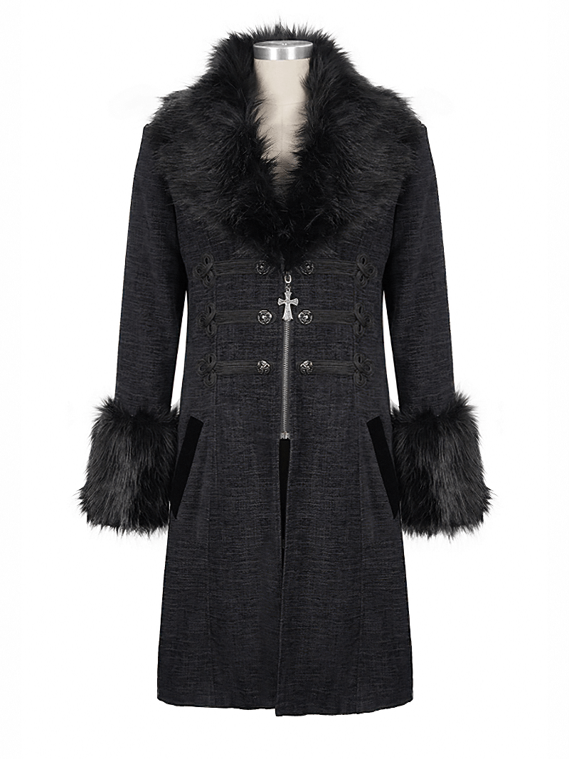 Gothic Mid-Length Coat with Detachable Faux Fur / Men's Warm Zipper Coat with Buttons - HARD'N'HEAVY