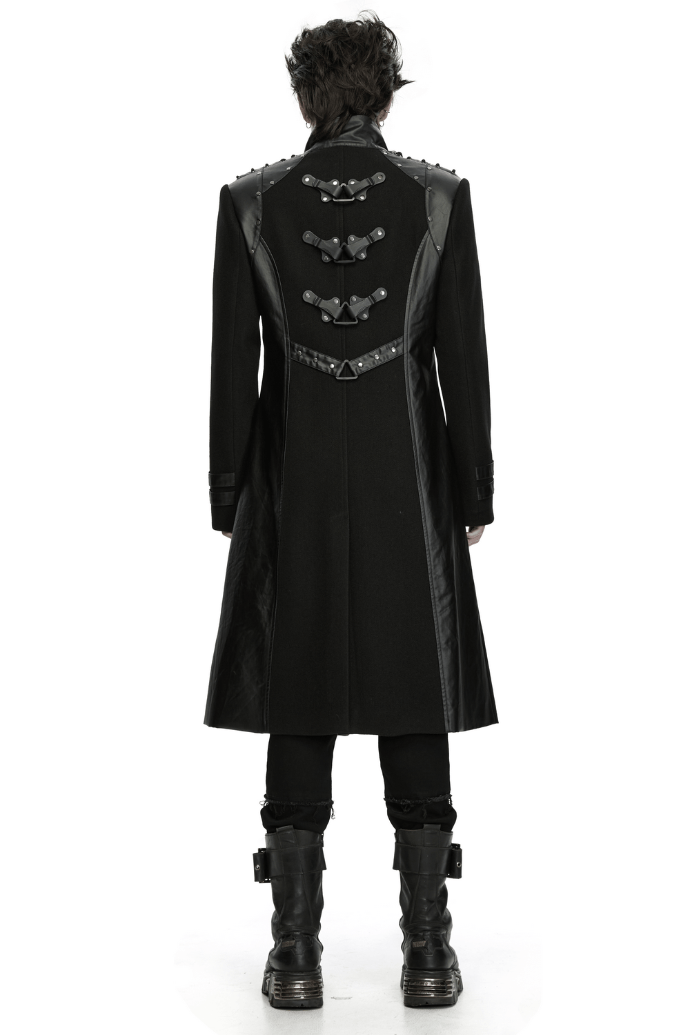 Gothic Military Armor Long Punk Coat With Studded back view, black tactical goth coat with armor panels and buckles