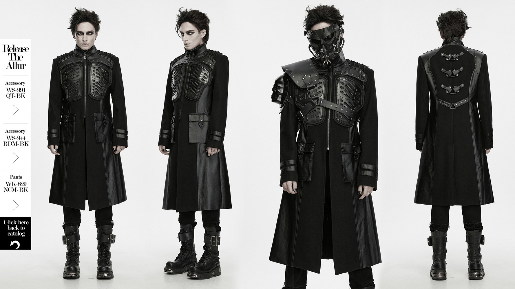 Gothic Military Armor Long Punk Coat With Studded, black tactical long coat with armor panels and buckles