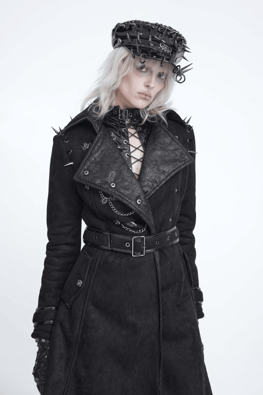Gothic Military Coat with Chains and Spiked Shoulders black punk trench coat with belted waist and glossy trim