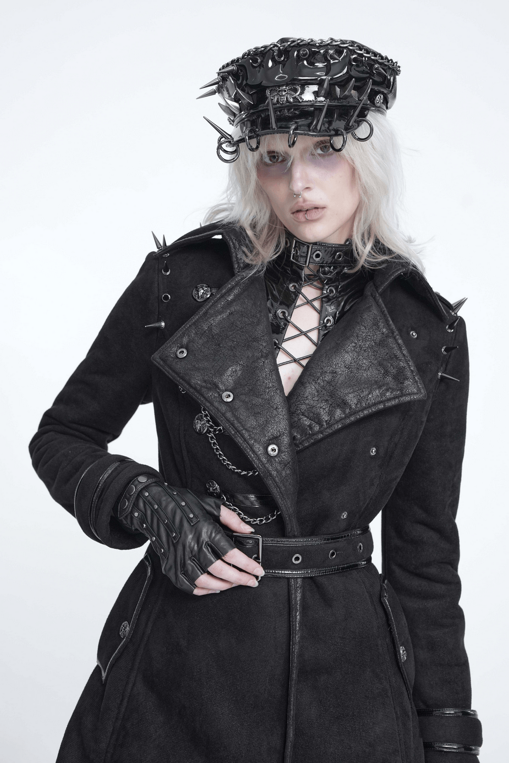 Gothic Military Coat with Chains and Spiked Shoulders, black punk trench coat with belted waist and edgy hardware