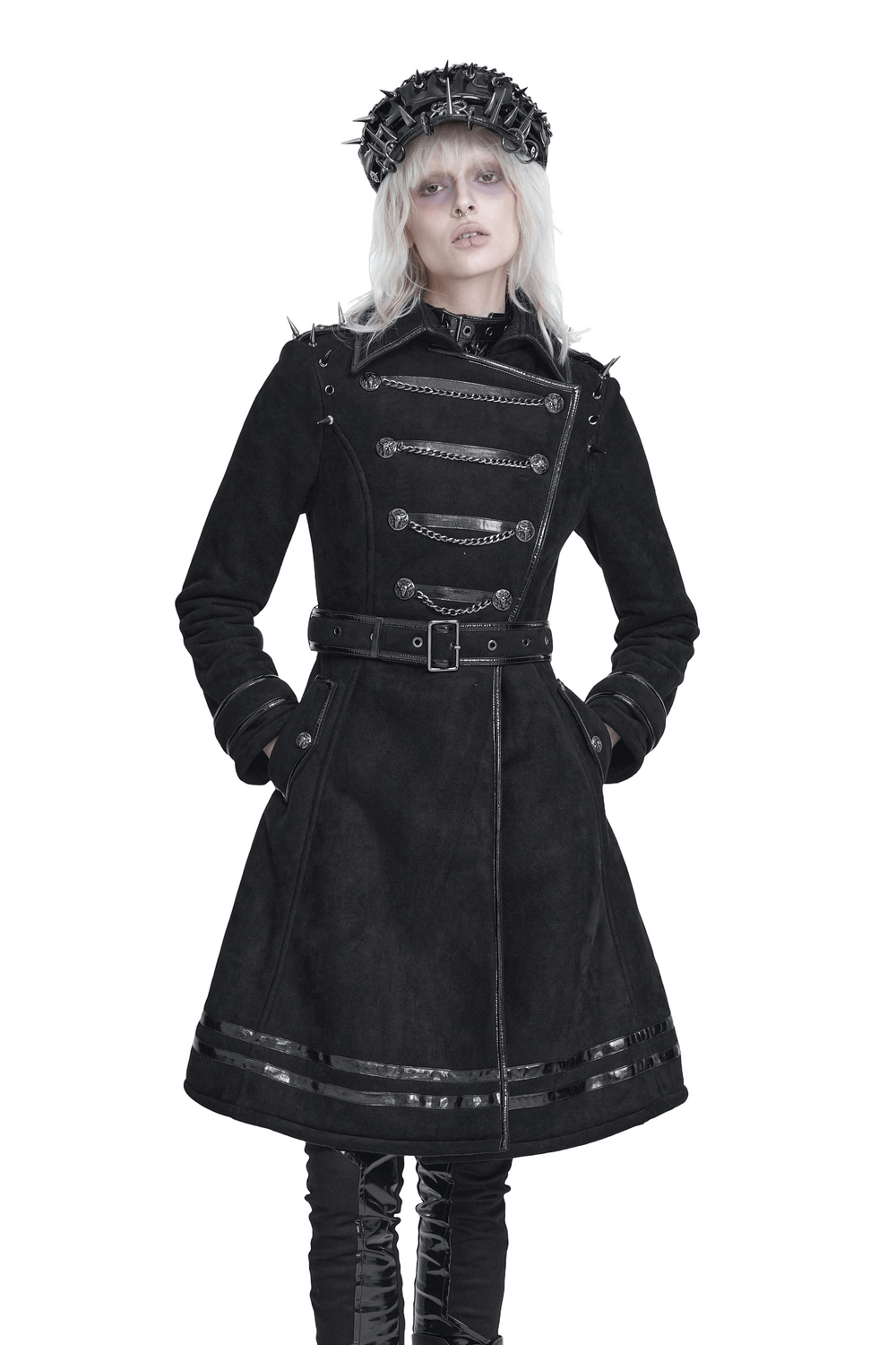 Gothic Military Coat with Chains and Spiked Shoulders black punk trench coat with belted waist and ornate button details