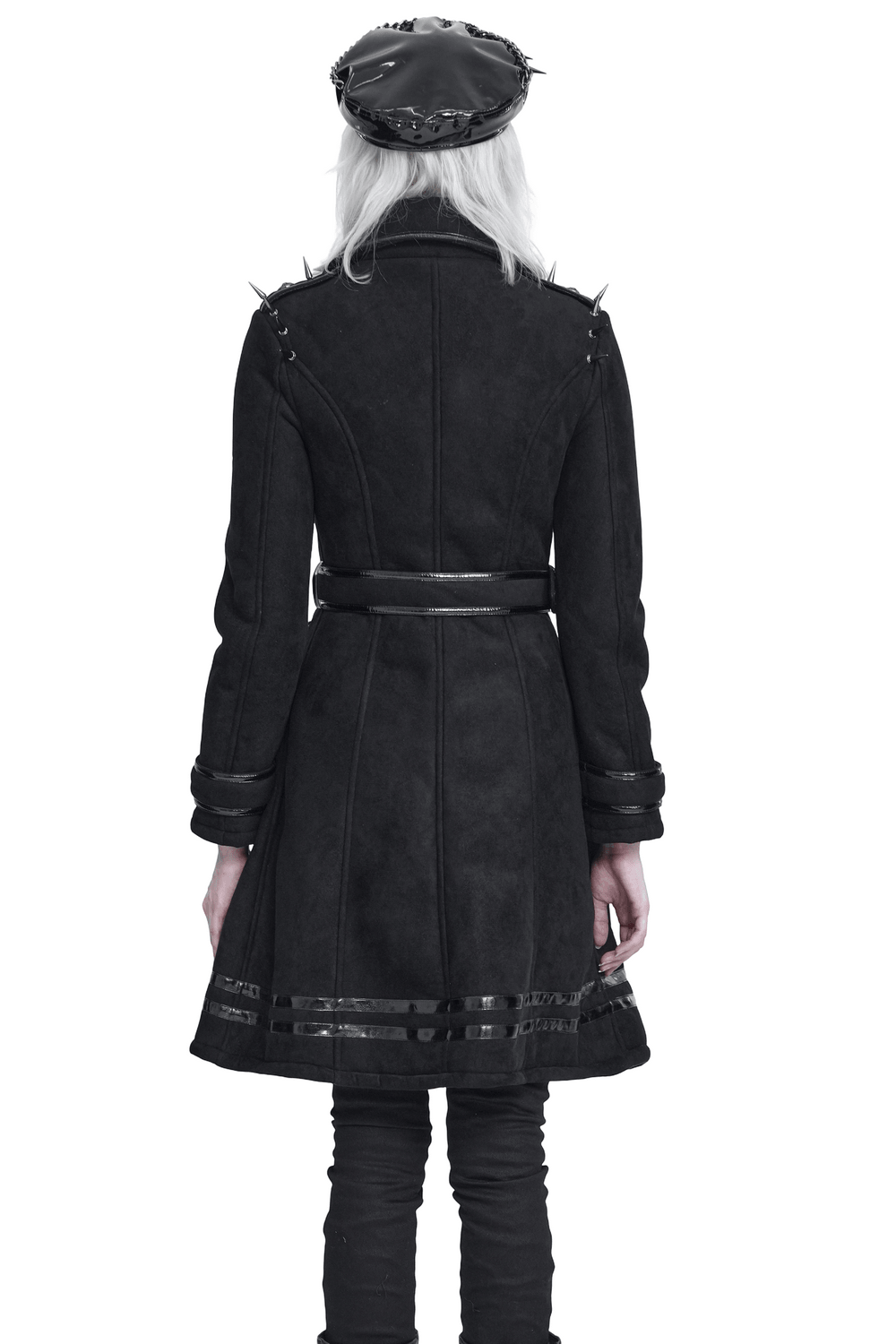 Gothic Military Coat with Chains and Spiked Shoulders black punk trench coat with belted waist and glossy trim