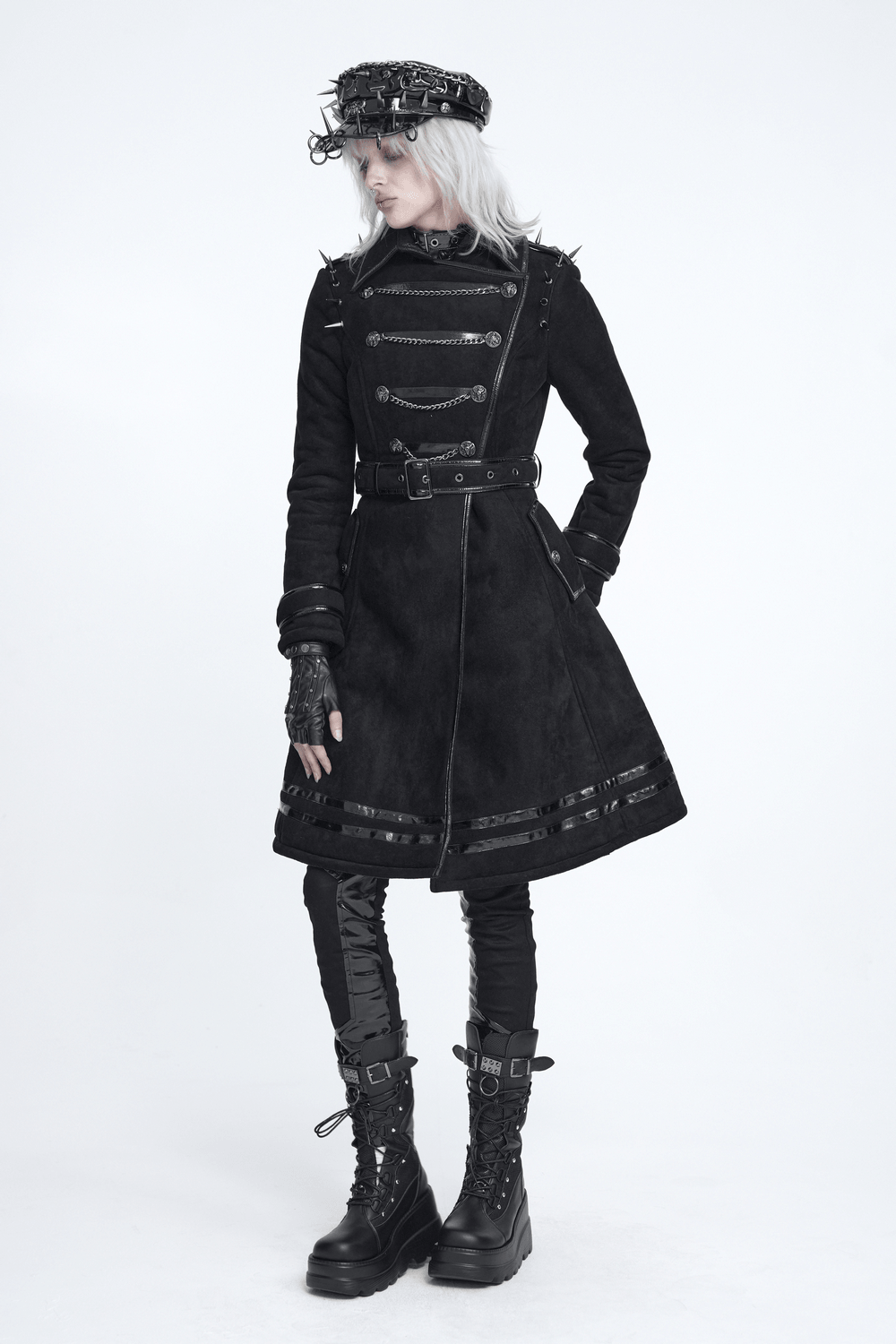 Gothic Military Coat with Chains and Spiked Shoulders black punk trench coat with belted waist and glossy trim
