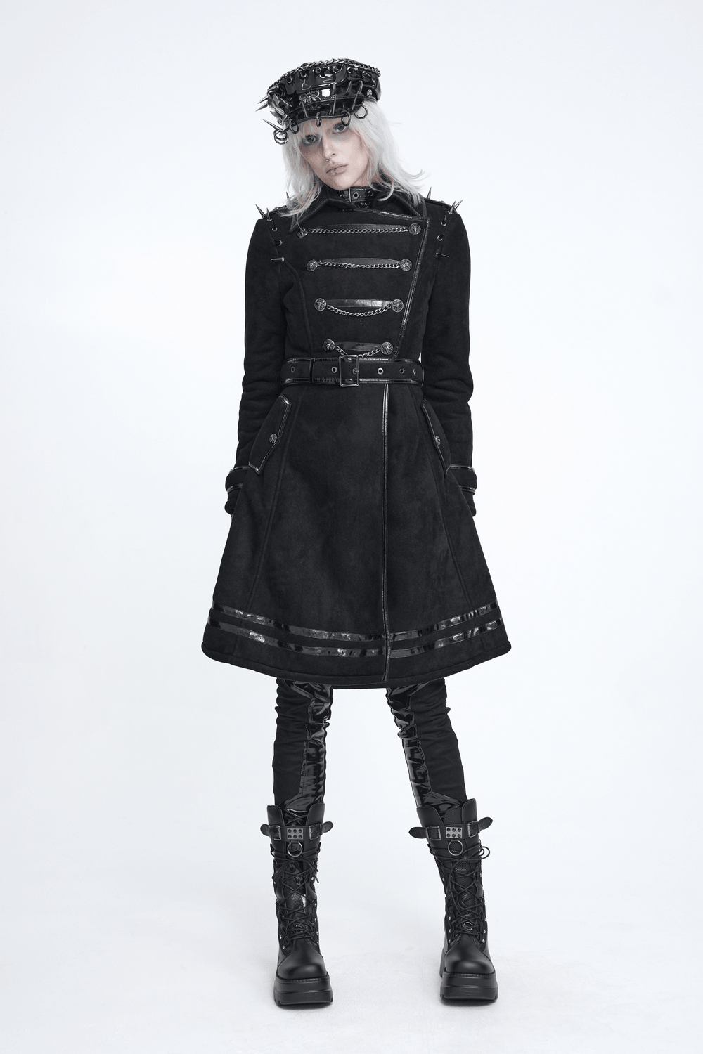 Gothic Military Coat with Chains and Spiked Shoulders, black punk trench coat with belted waist and glossy trim