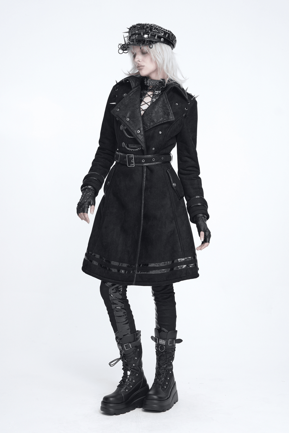 Gothic Military Coat with Chains and Spiked Shoulders black punk trench coat with belted waist and glossy trim