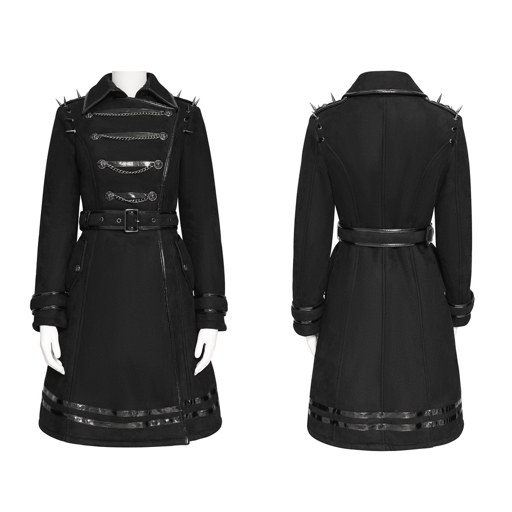 Gothic Military Coat with Chains and Spiked Shoulders black women's punk trench coat with belted waist and glossy trim