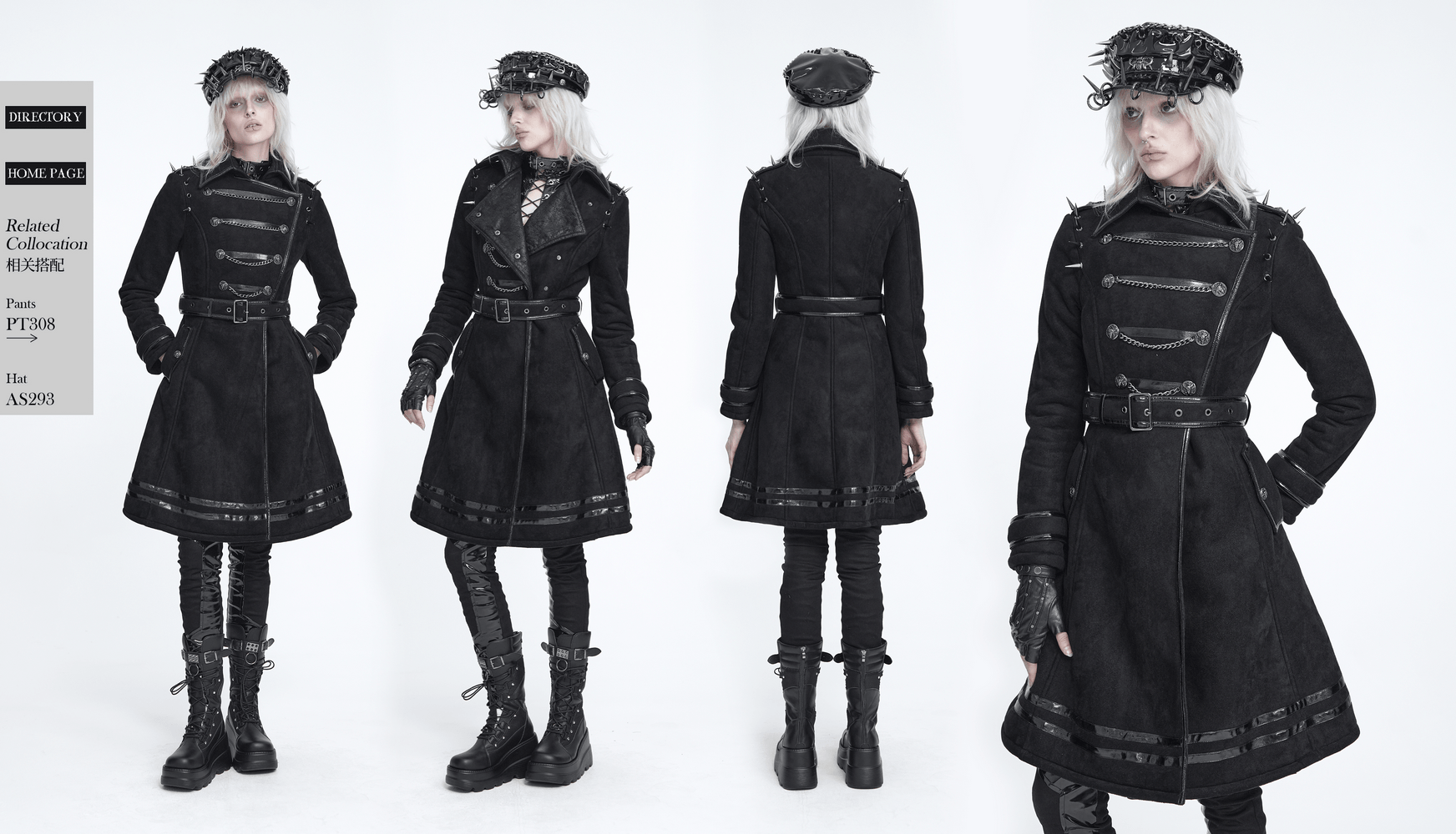 Gothic Military Coat with Chains and Spiked Shoulders, black punk trench coat with buckled waist and asymmetrical front