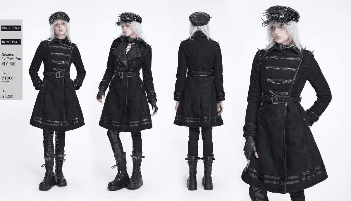 Gothic Military Coat with Chains and Spiked Shoulders, black punk trench coat with buckled waist and asymmetrical front