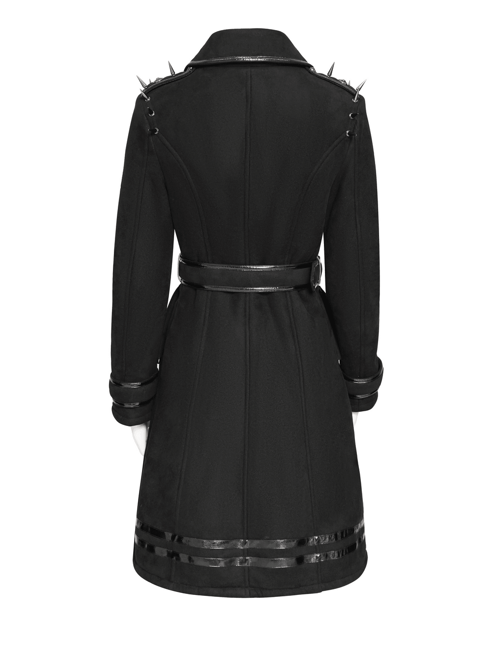 Gothic Military Coat with Chains and Spiked Shoulders black punk trench coat with belted waist and glossy trim
