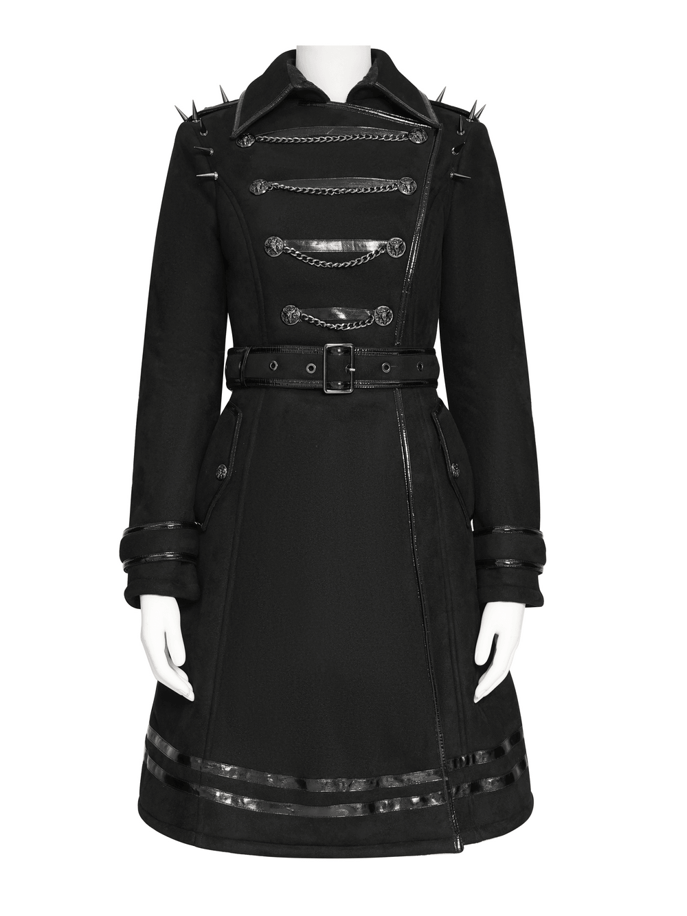 Gothic Military Coat with Chains and Spiked Shoulders black punk trench coat with buckled waist and glossy trim