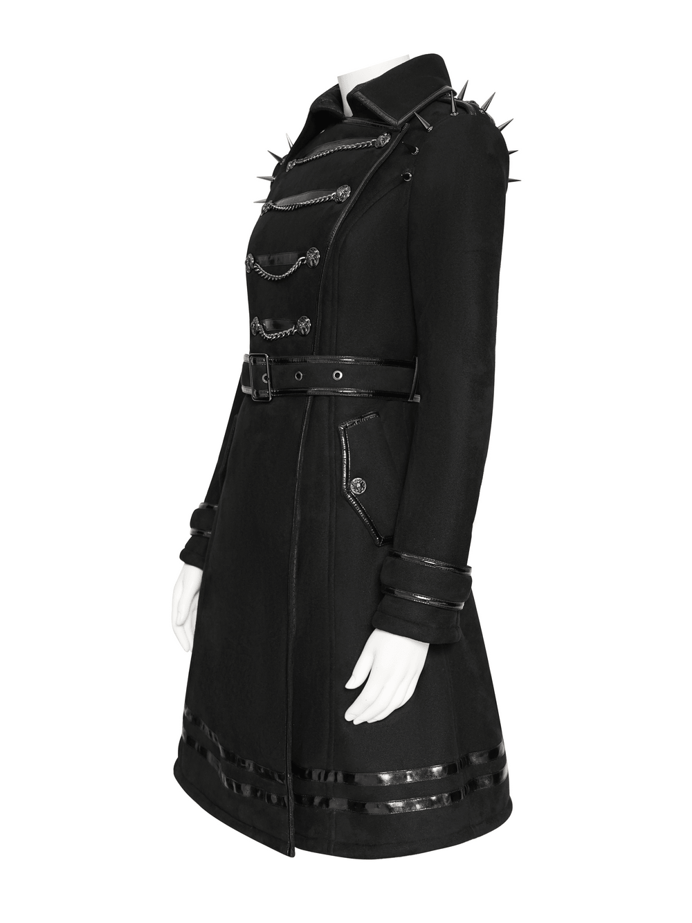 Gothic Military Coat with Chains and Spiked Shoulders black punk trench coat with belted waist and glossy trim