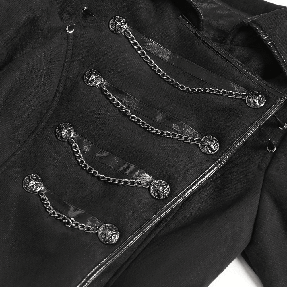 Gothic Military Coat with Chains and Spiked Shoulders black punk trench with chain trim and glossy accents