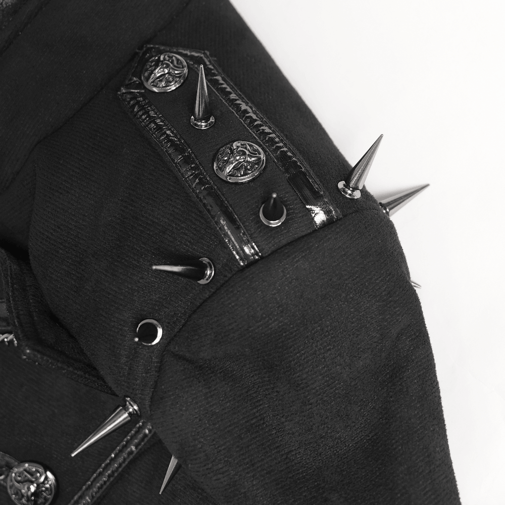 Gothic Military Coat with Chains and Spiked Shoulders black punk trench coat detail with spikes and glossy trim