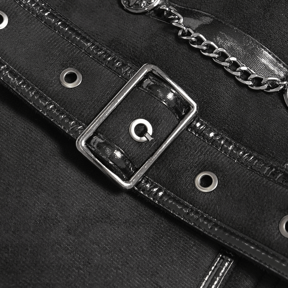 Gothic Military Coat with Chains and Spiked Shoulders black buckled waist detail with silver buckle and chain accents