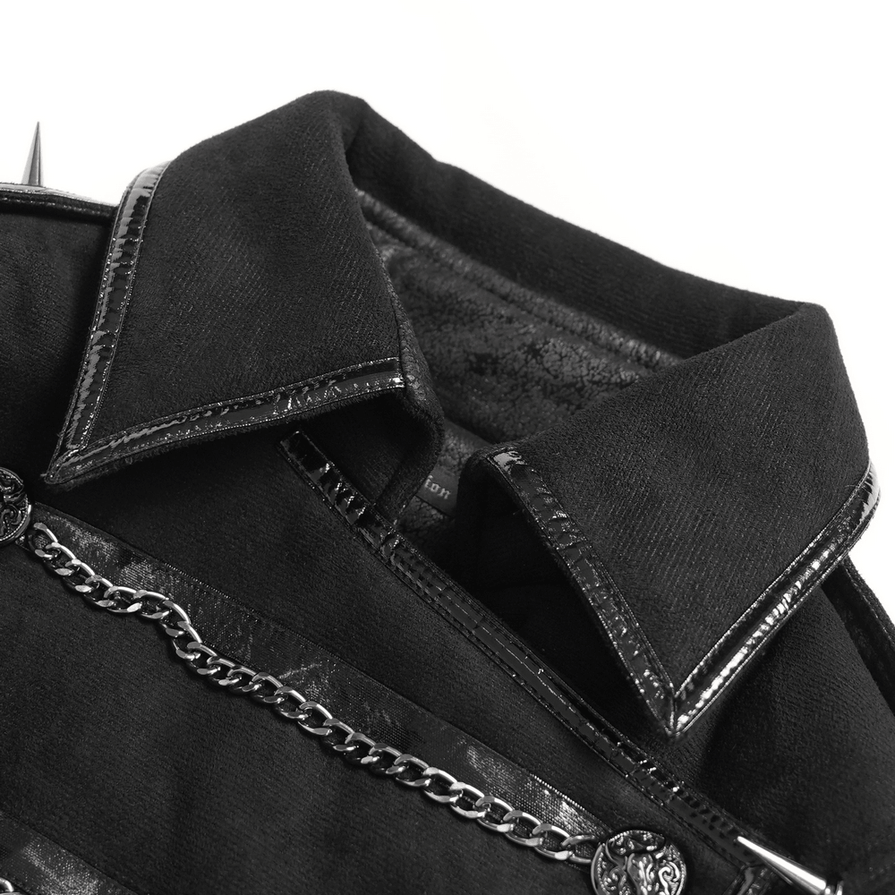 Gothic Military Coat with Chains and Spiked Shoulders, black punk trench with glossy trim and chain detail