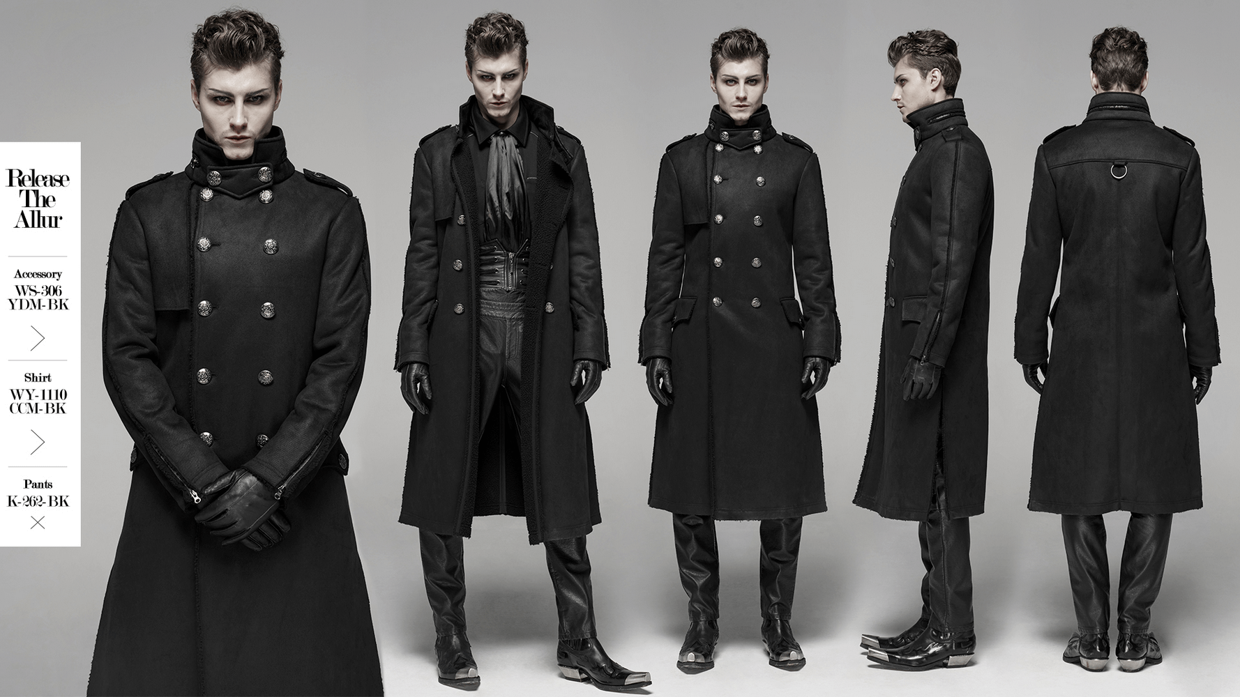 Gothic military-inspired long coat with velvet details, featuring double-breasted design and sleek silhouette.