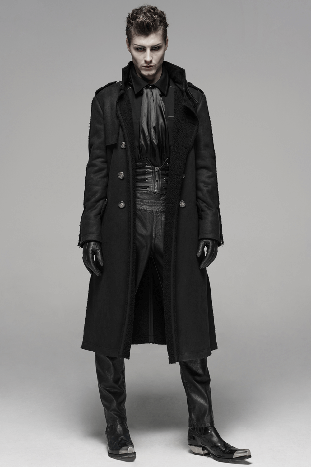 Gothic military-inspired long coat with velvet detailing and double-breasted buttons for a commanding look.