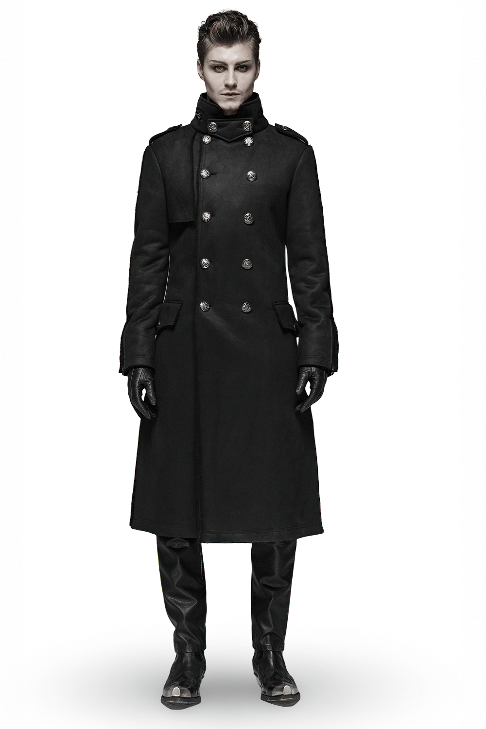 Gothic military-inspired long coat with velvet detailing and double-breasted button design.