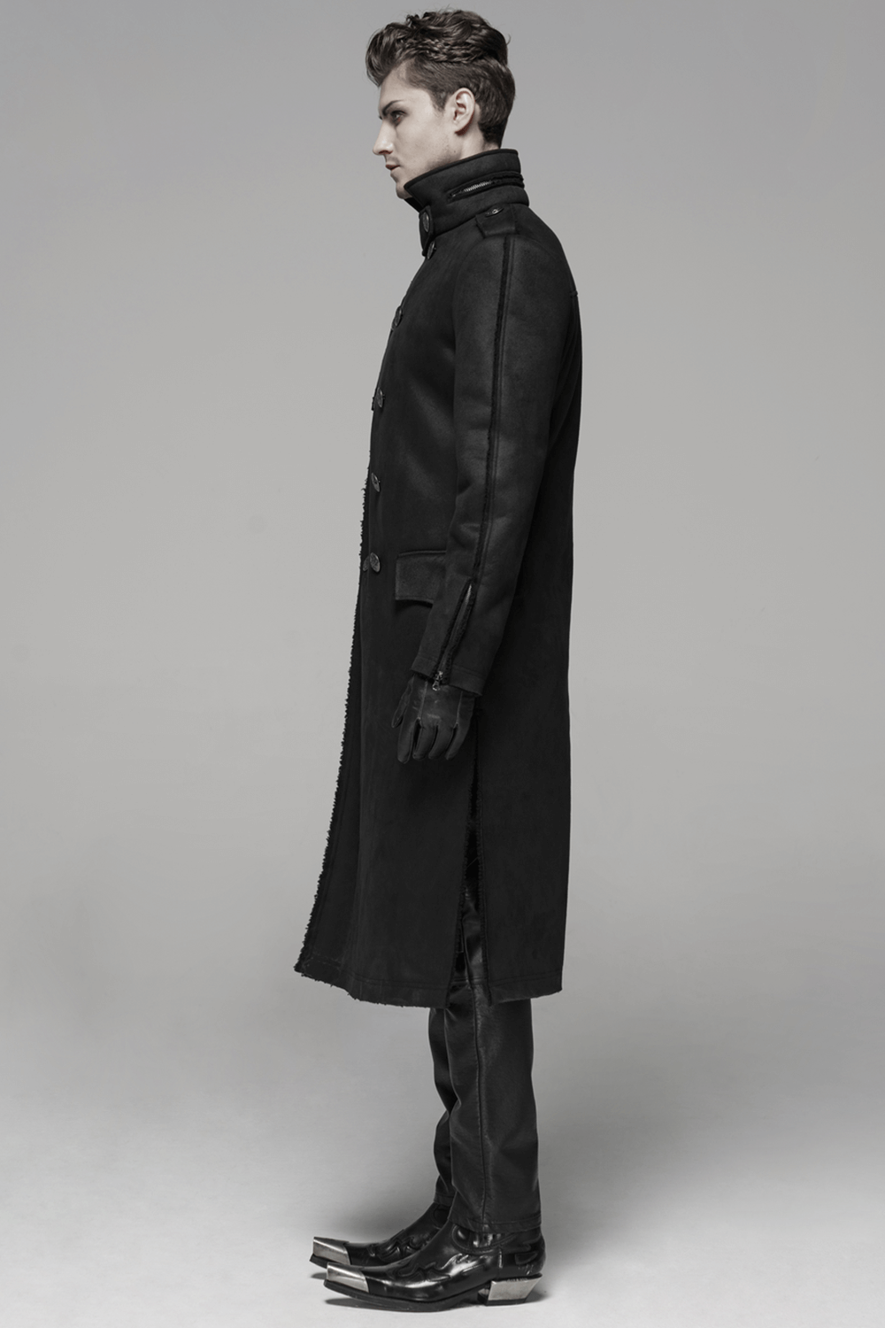 Gothic military-inspired long velvet coat with double-breasted buttons, showcasing a sleek, structured silhouette.