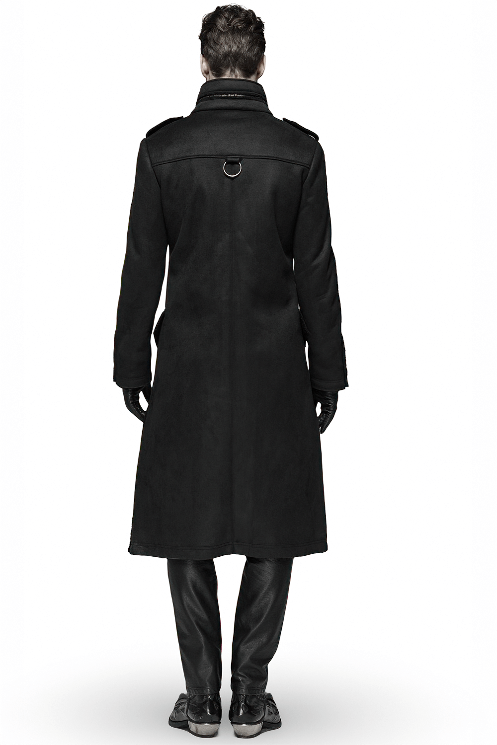 Back view of a Gothic military-inspired long coat featuring luxurious velvet detailing and uniform-style cut.