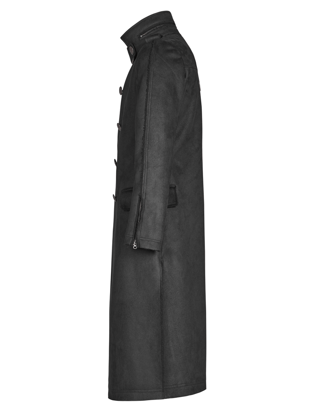 Gothic military-inspired long coat in black, featuring a sleek silhouette and double-breasted design.