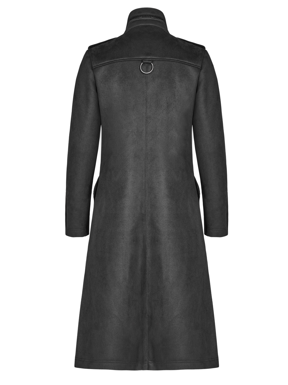 Back view of a gothic military-inspired long coat in black with velvet detailing and a circular loop accent.