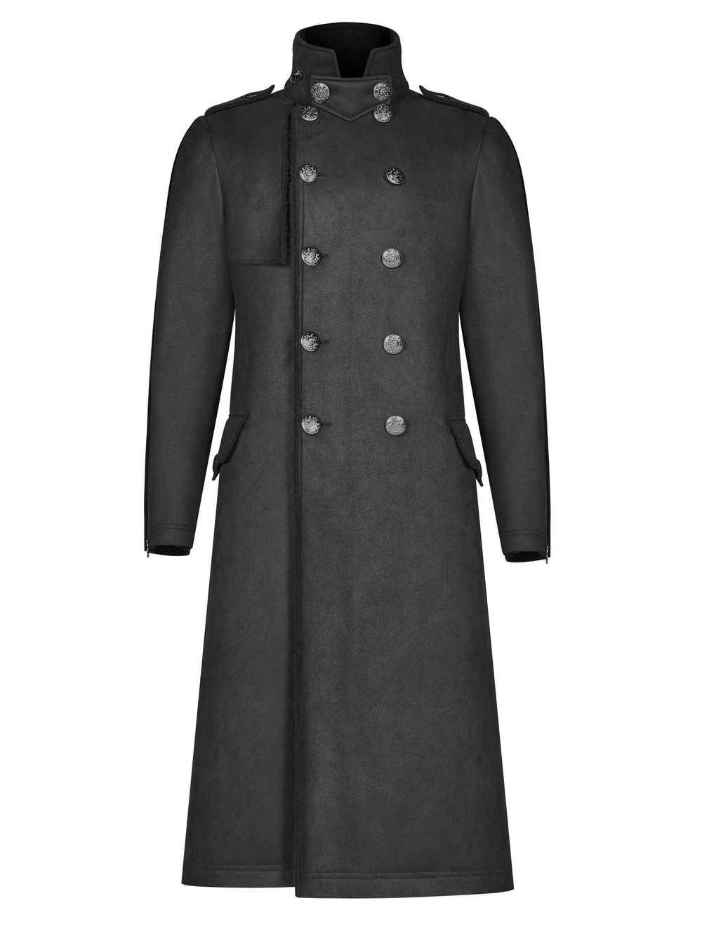 Gothic military-inspired long coat with velvet detailing and double-breasted button design.