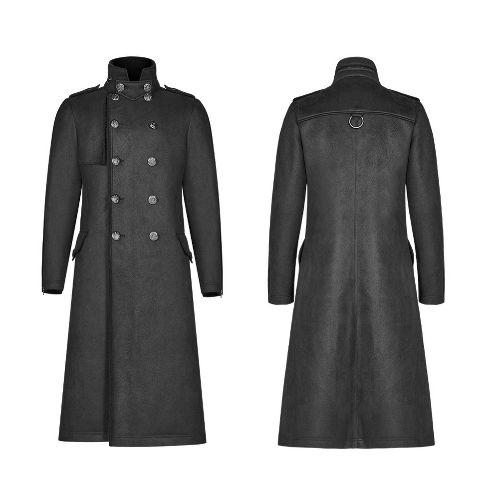 Gothic military-inspired long coat with double-breasted buttons and velvet detailing in black.