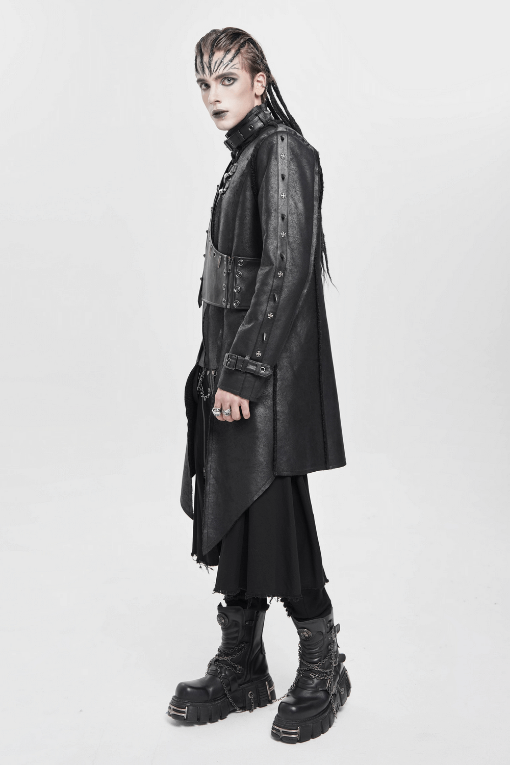 Gothic Military Long Coat with Spiked Shoulders and Straps showcased on model, featuring dramatic layers and bold aesthetics.