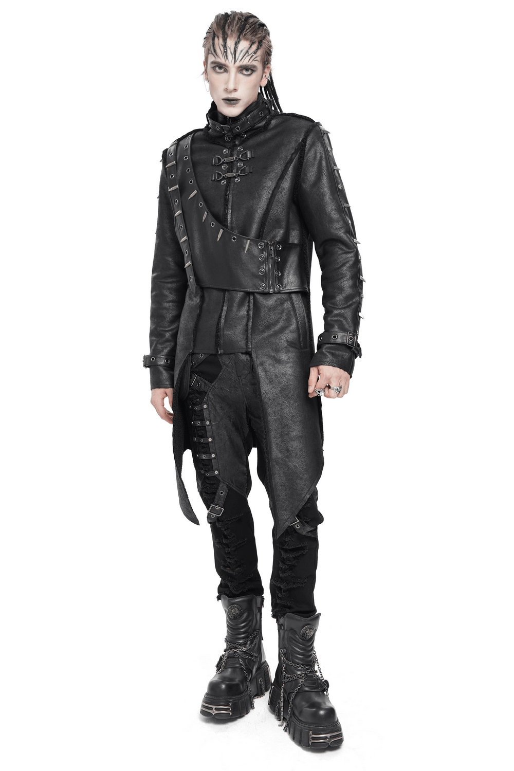 Gothic Military Long Coat with Spiked Shoulders and Straps worn by model, showcasing dark, edgy fashion aesthetics.