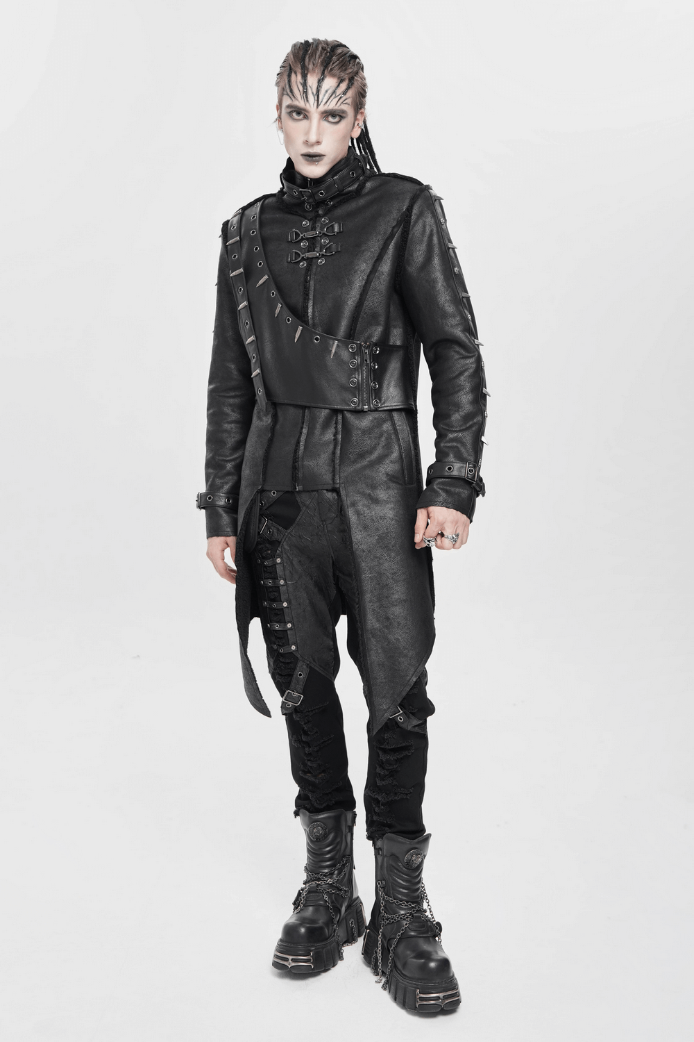 Gothic Military Long Coat with Spiked Shoulders and Straps worn by a model, showcasing a bold gothic style.
