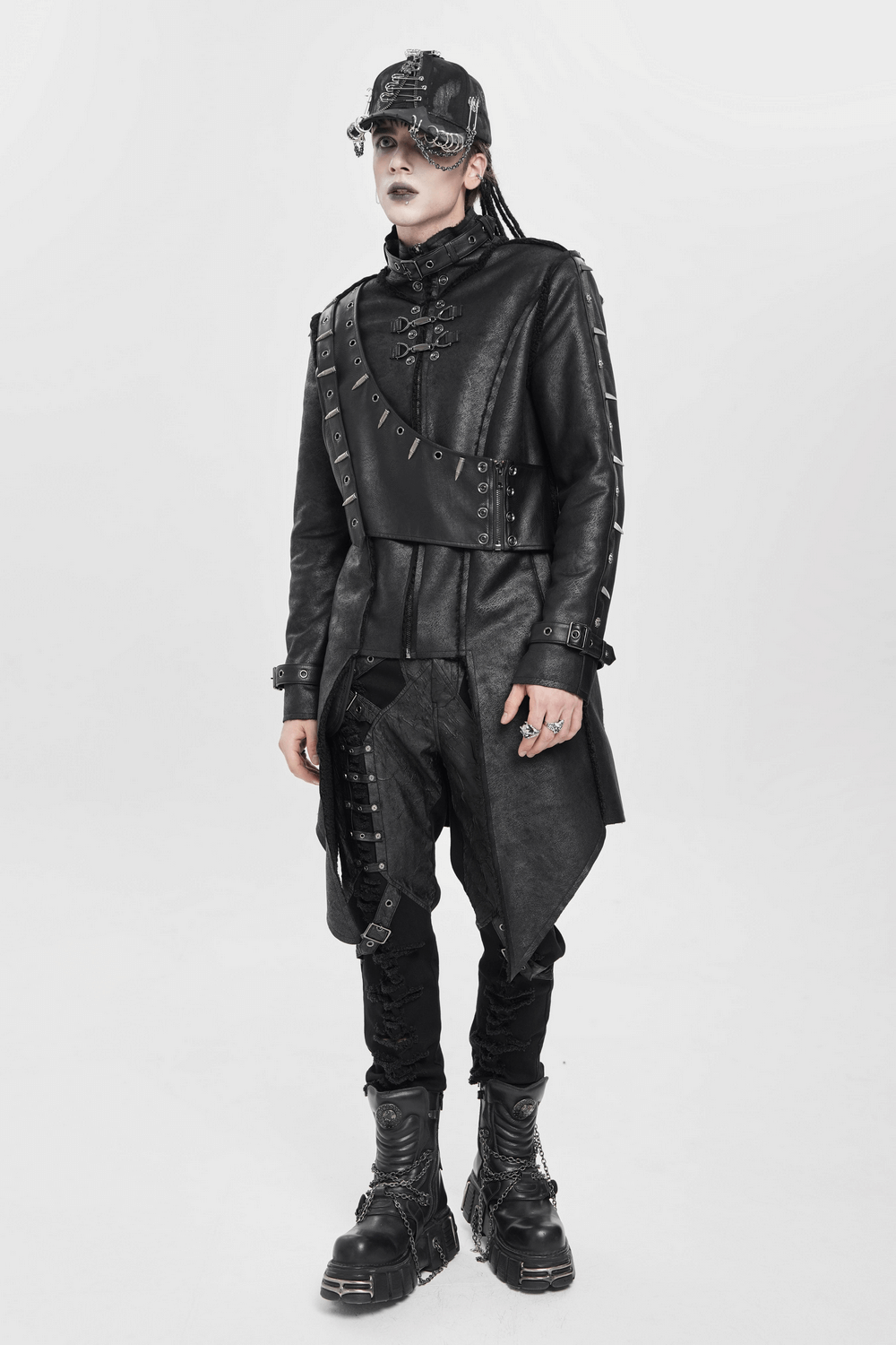 Gothic Military Long Coat with Spiked Shoulders and Straps in a striking black design.