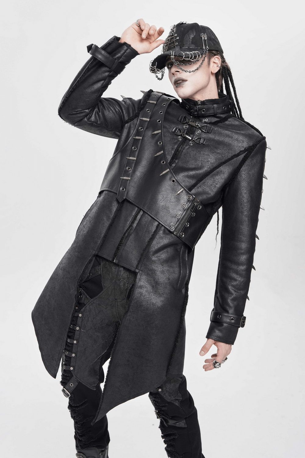 Gothic Military Long Coat with Spiked Shoulders and Straps worn by a model, showcasing a dramatic black leather look.