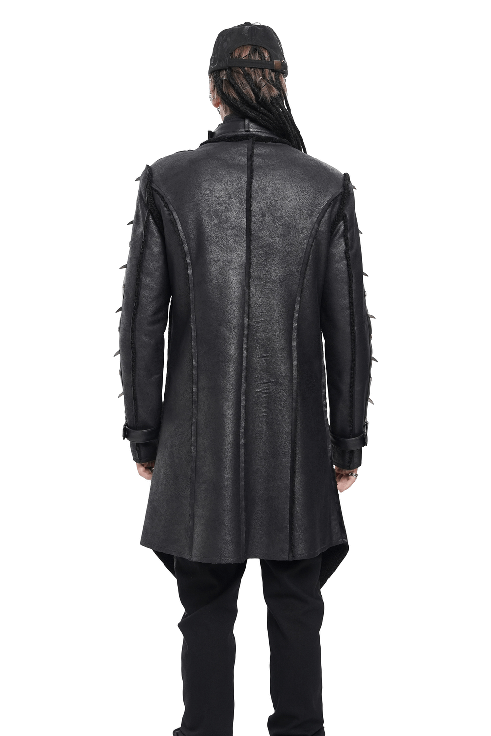 Gothic Military Long Coat with Spiked Shoulders and Straps back view showing spikes and dramatic silhouette.
