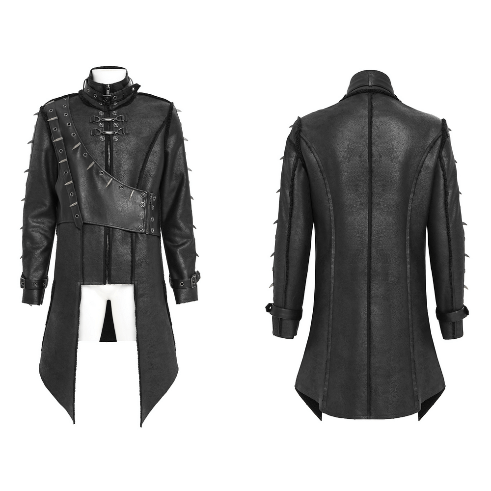 Gothic Military Long Coat with Spiked Shoulders and Straps showcasing edgy design and overlapping buckles.