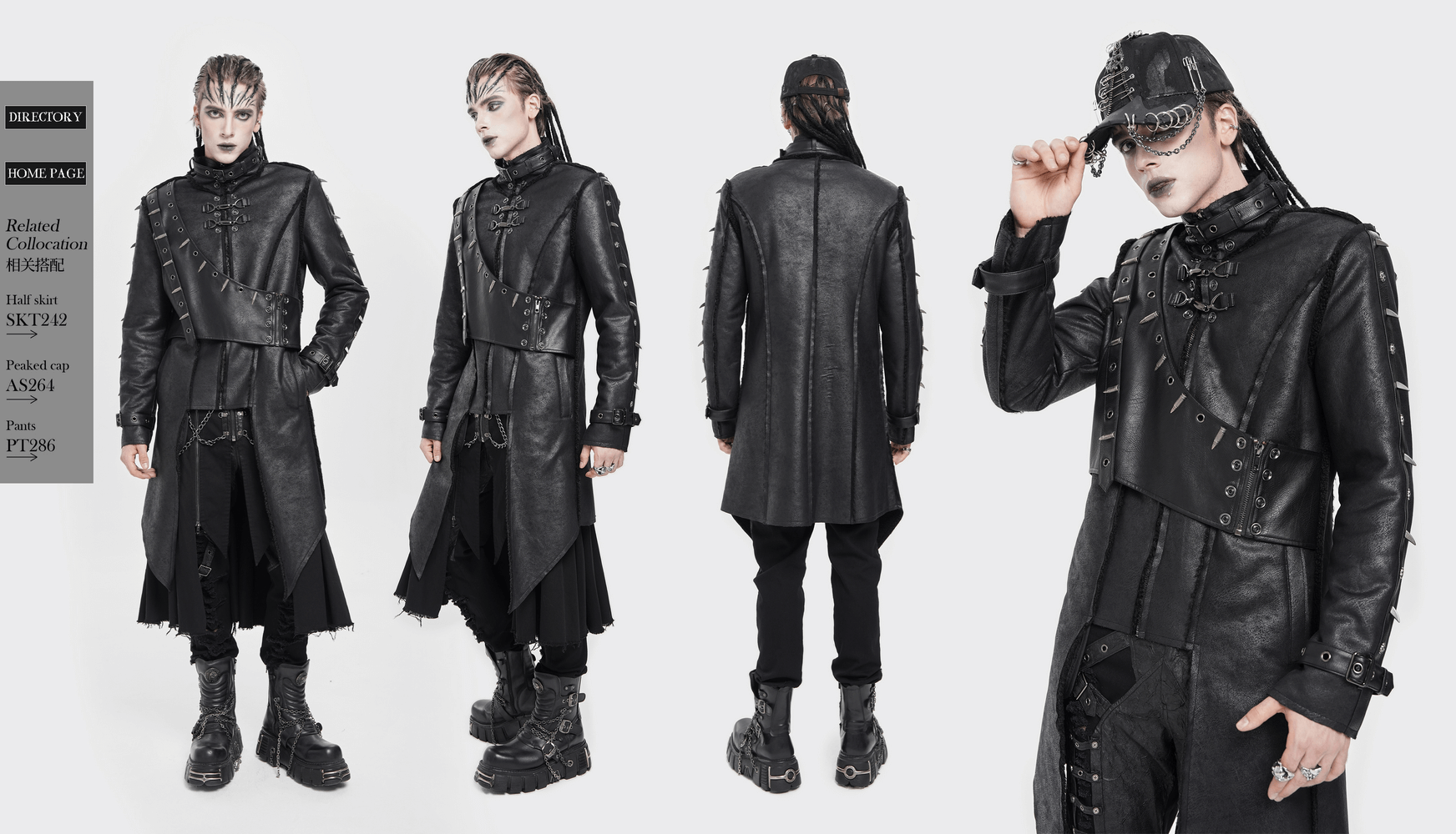 Gothic Military Long Coat with Spiked Shoulders and Straps worn by model, showcasing its edgy design and militaristic style.