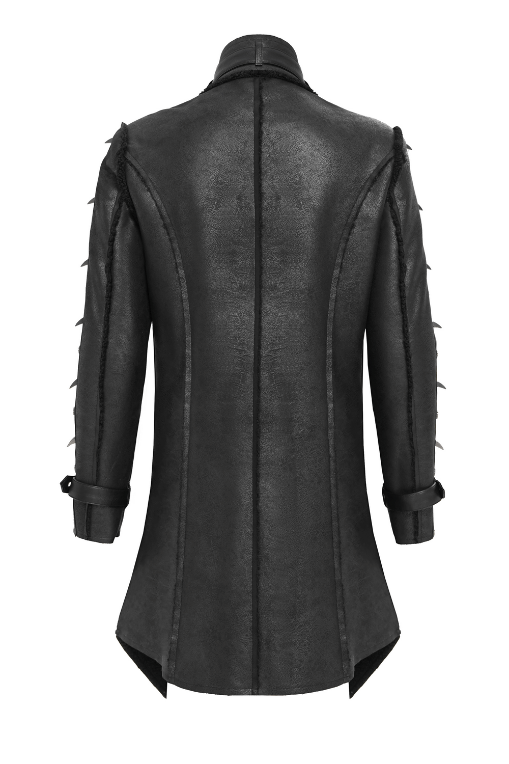 Gothic Military Long Coat with Spiked Shoulders and Straps, back view showcasing spikes and stylish silhouette.