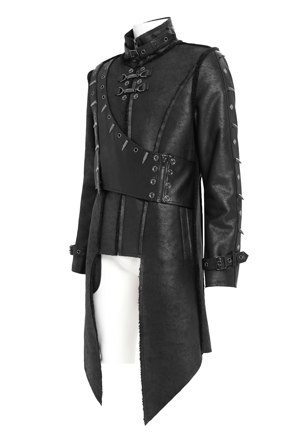 Gothic Military Long Coat with Spiked Shoulders and Straps showcasing a dramatic design with metal spikes and buckle straps.