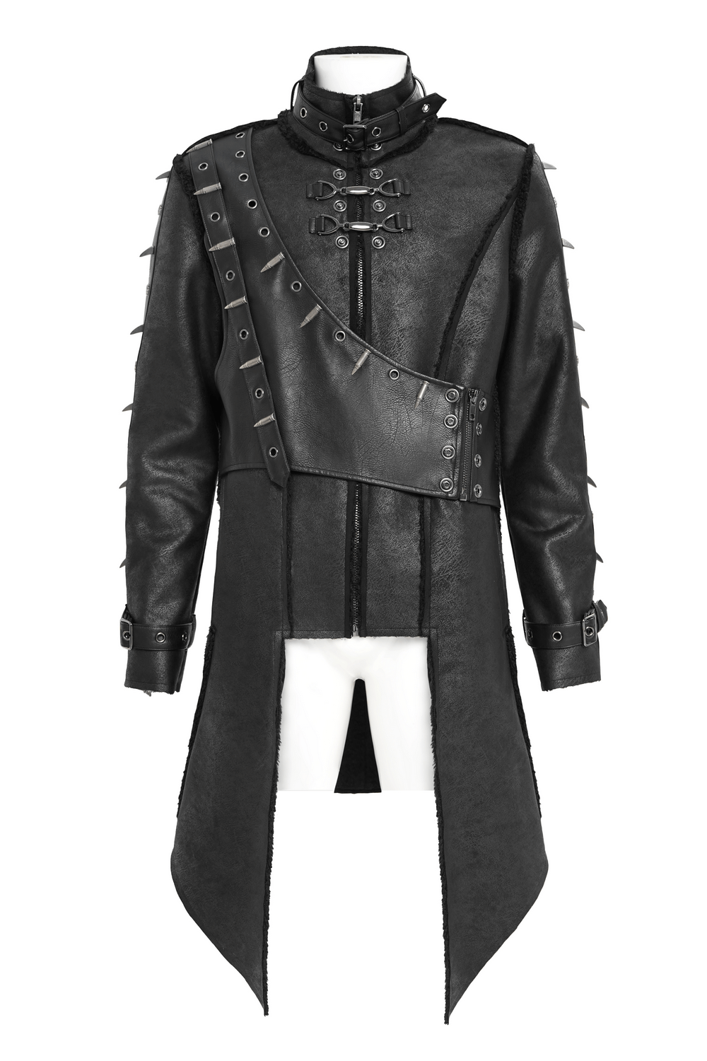 Gothic Military Long Coat with Spiked Shoulders and Straps featuring buckles and an edgy silhouette.