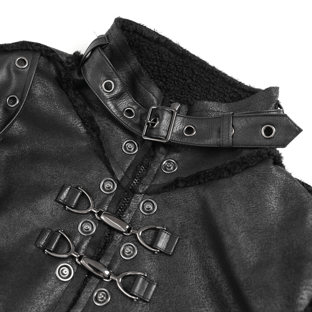 Gothic Military Long Coat with Spiked Shoulders and Straps collar and buckle details showcasing its edgy design.