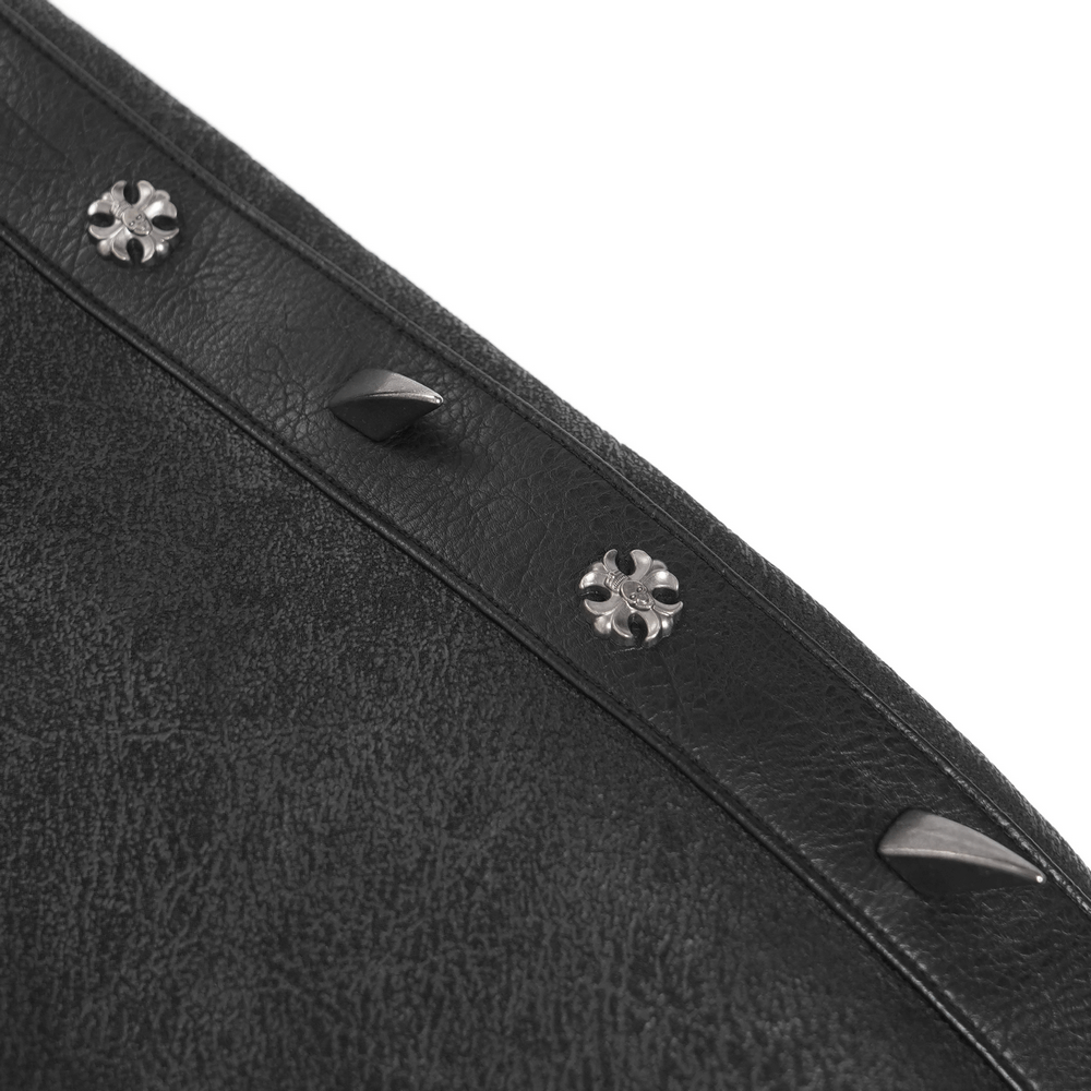 Gothic Military Long Coat with Spiked Shoulders and Straps showcasing bold spikes and decorative studs on black faux leather.