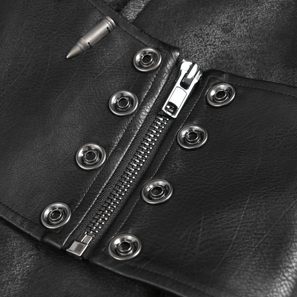 Close-up of the Gothic Military Long Coat with Spiked Shoulders and Straps featuring zipper and buckle details.