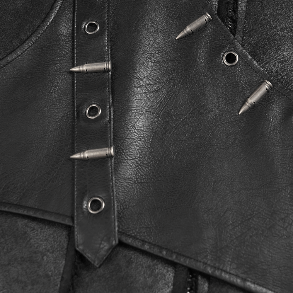 Close-up of Gothic Military Long Coat with Spiked Shoulders and Straps showcasing buckles and metal spikes.