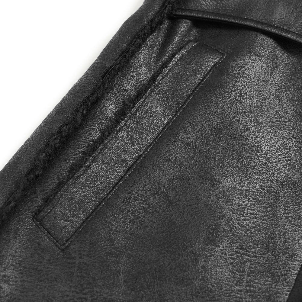 Gothic Military Long Coat with Spiked Shoulders and Straps interior detail showcasing sleek black faux leather finish.