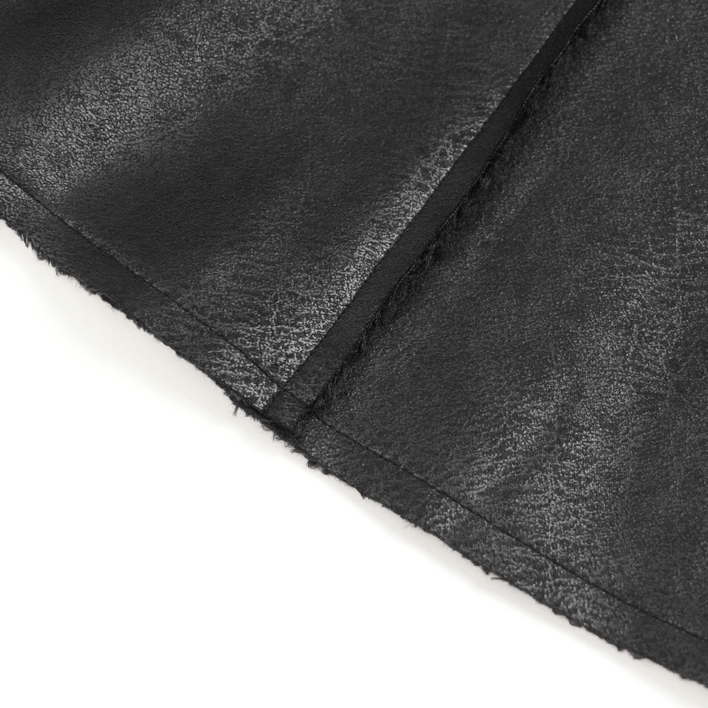 Gothic Military Long Coat with Spiked Shoulders and Straps close-up of black faux leather material