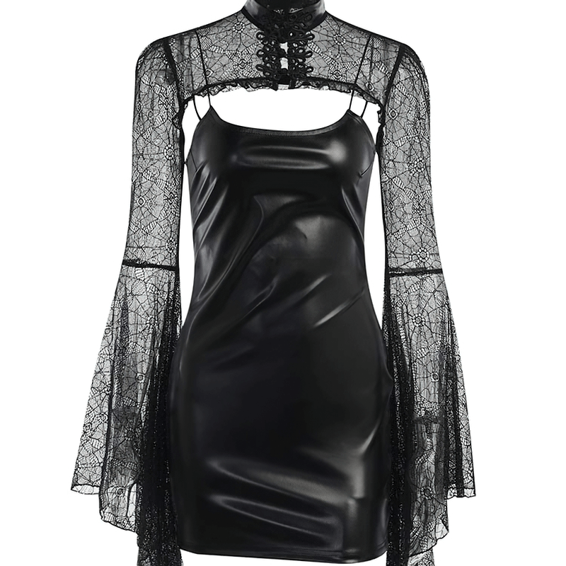 Gothic Mini Dress Of PU Leather and Lace Top for Women / Female Vintage Clothing Of Flare Sleeve - HARD'N'HEAVY