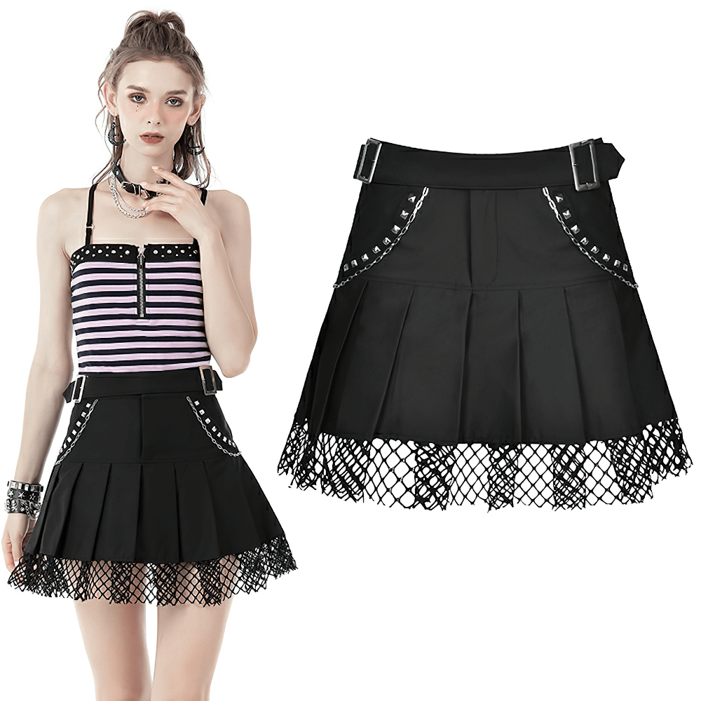 Gothic black mini pleated skirt with studded details and sheer mesh overlay, perfect for a rockstar look.